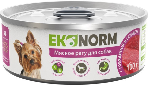 Корм консервированный для собак EKONORM "Мясное рагу с говядиной и сердцем", 100 г