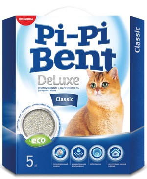 Наполнитель для кошачьего туалета Pi-Pi-Bent DeLuxe Classic глиняный, комкующийся, без отдушки, 5 кг