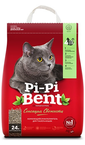 Наполнитель для кошачьего туалета Pi-Pi-Bent Сенсация свежести, комкующийся, с ароматом свежих трав и цветов 10кг (24л)