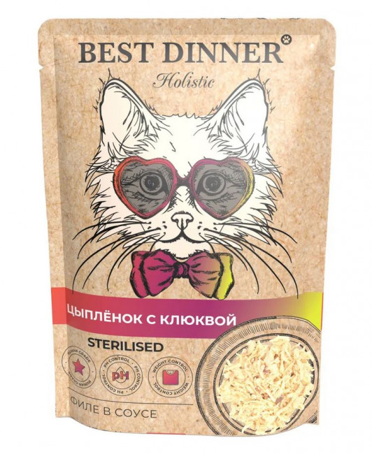 Влажный корм BEST DINNER для стерилизованных кошек Holistic цыпленок с клюквой в соусе 70 гр