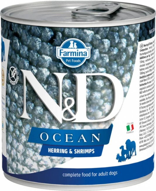 Консервы FARMINA N&D DOG OCEAN HERRING&SHRIMP для взрослых собак всех пород с сельдью и креветками - 285 гр.