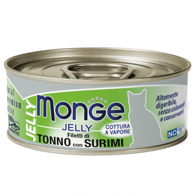 Влажный корм Monge jelly Adult cat для взрослых кошек с желтоперым тунцом и сурими, консервы - 80 г