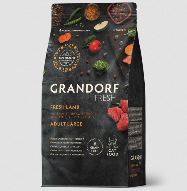 GRANDORF Fresh CAT Adult LARGE сухой корм для кошек крупных пород, свежее мясо ягненка с бататом - 2 кг