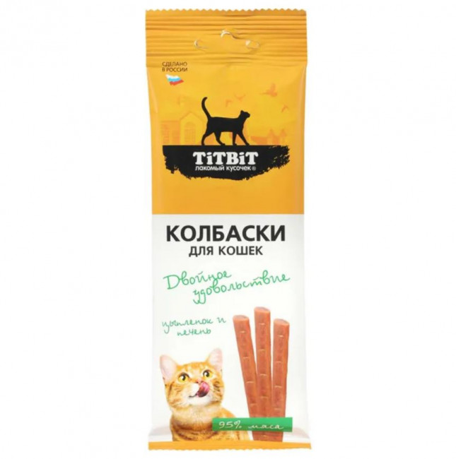 Колбаски TITBIT для кошек Двойное удовольствие с цыпленком и печенью, 45 г