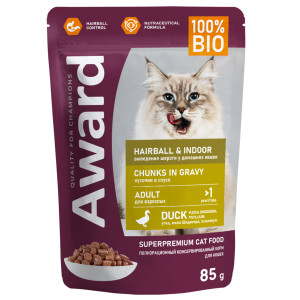 Влажный корм AWARD Hairball & Indoor для выведения шерсти у взрослых домашних кошек кусочки в соусе с уткой, 85г