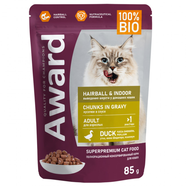 Влажный корм AWARD Hairball & Indoor для выведения шерсти у взрослых домашних кошек кусочки в соусе с уткой, 85г