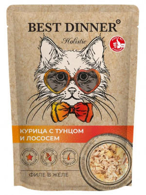 Влажный корм BEST DINNER Holistic для любых кошек, курица и тунец с лососем в желе 70г