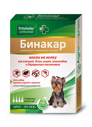 Pchelodar Бинакар капли для мелких собак и щенков от блох и клещей, 4 пип. по 0,5 мл