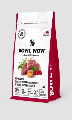 BOWL WOW Сухой корм для стерилизованных кошек с ягненком, курицей и клюквой, 1,5 кг