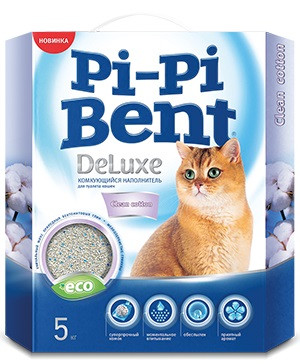 Наполнитель для кошачьего туалета Pi-Pi-Bent DeLuxe Clean cotton глиняный, комкующийся, 5 кг