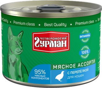 Четвероногий гурман Корм консервированный для кошек "Мясное ассорти с перепелкой", 190 г