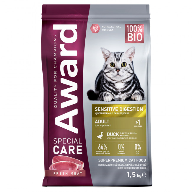 Сухой корм AWARD SPECIAL CARE Sensitive Digestion для взрослых кошек с чувствительным пищеварением со свежим мясом утки 1,5 кг
