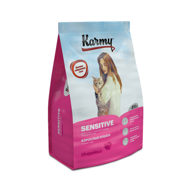 Karmy Sensitive Сухой корм для кошек с чувствительным пищеварением, Индейка  0,4кг + Стикер "Акция Скидка 30%"