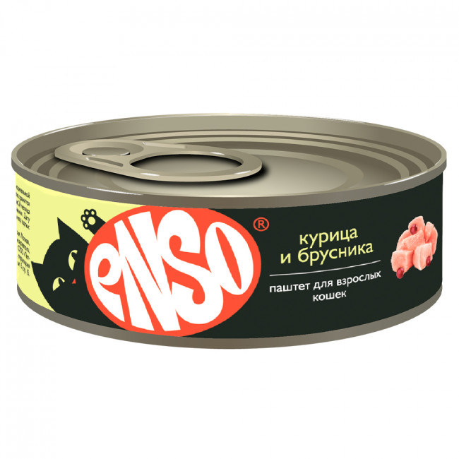 ENSO Корм влажный паштет для кошек, с курицей и брусникой, банка 100г