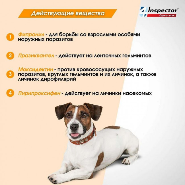 Inspector Quadro капли на холку для собак 40-60кг,от блох, клещей, гельминтов 1 пипетка