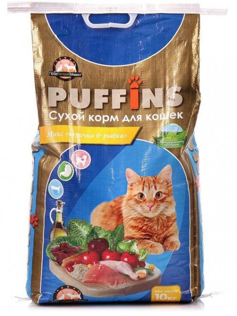Пуффинс Сухой корм для кошек всех пород «Курочка и рыбка» 10 кг