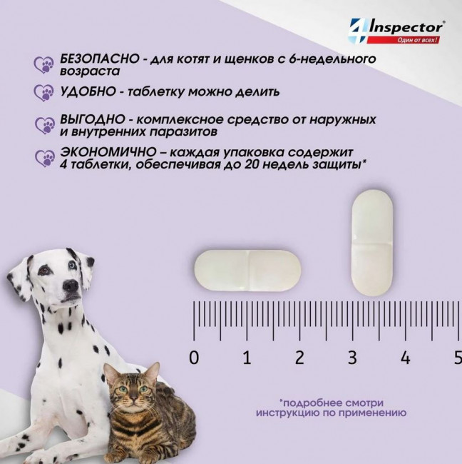 Inspector Quadro Таблетки для кошек и собак 8-16кг,от блох, клещей, гельминтов 4 таблетки