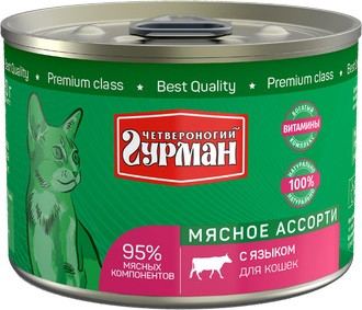Четвероногий гурман Корм консервированный для кошек "Мясное ассорти с языком", 190 г