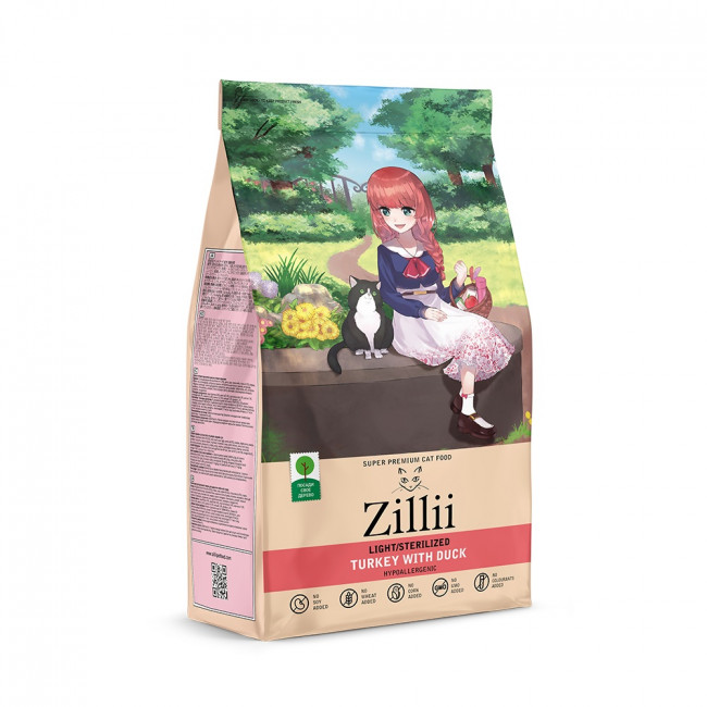 ZILLII Light/Sterilized сухой корм для взрослых кошек, страдающих избыточным весом и стерилизованных Индейка с уткой 400 гр