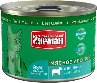 Четвероногий гурман Корм консервированный для кошек "Мясное ассорти с ягненком", 190 г