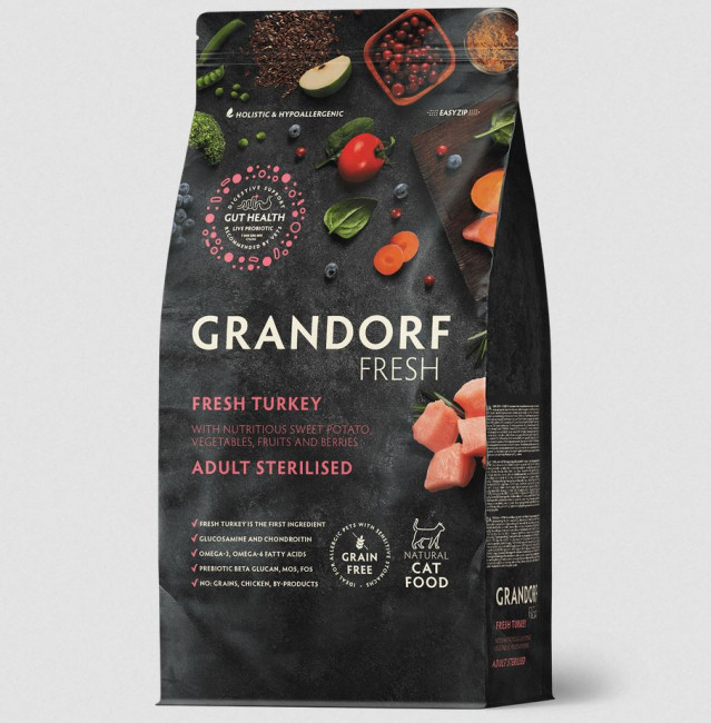 GRANDORF Fresh CAT STERILISED для стерилизованных кошек, свежее мясо индейки с бататом - 2 кг
