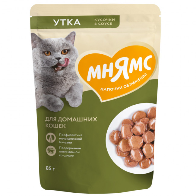 Влажный корм Мнямс Кусочки в соусе с уткой для домашних кошек, 85г