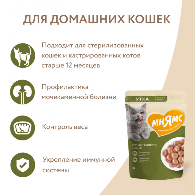 Влажный корм Мнямс Кусочки в соусе с уткой для домашних кошек, 85г