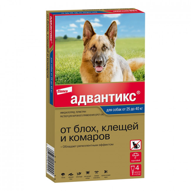Адвантикс капли для собак от 25 кг от блох, клещей и глистов, 4 пипетки по 4 мл