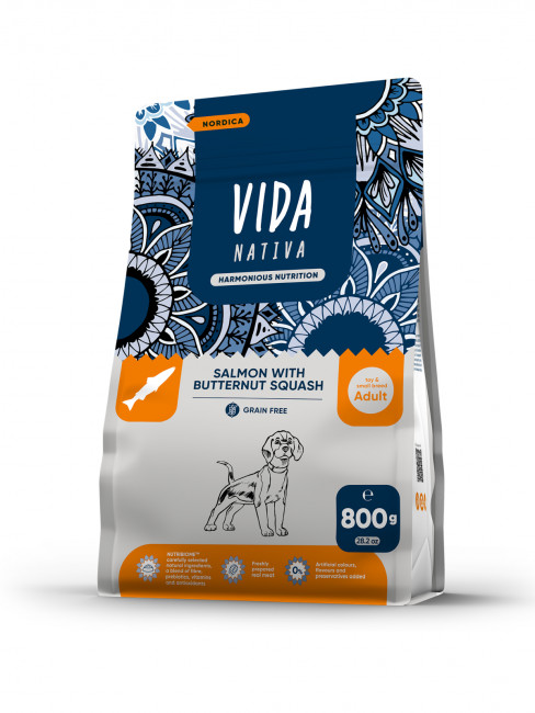 Сухой корм VIDA NATIVA для взрослых собак миниатюрных и мелких пород из лосося с мускатной тыквой 800 г