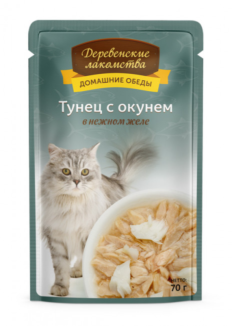 Деревенские лакомства "Тунец с окунем в нежном желе" Пауч пакет, 70 гр