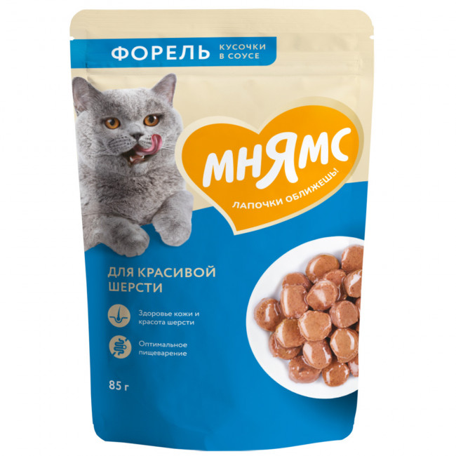 Влажный корм Мнямс Кусочки в соусе с форелью для красивой шерсти кошек, 85г