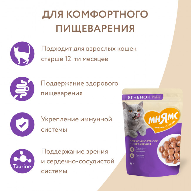 Влажный корм Мнямс Кусочки в соусе с ягненком для комфортного пищеварения у кошек, 85г