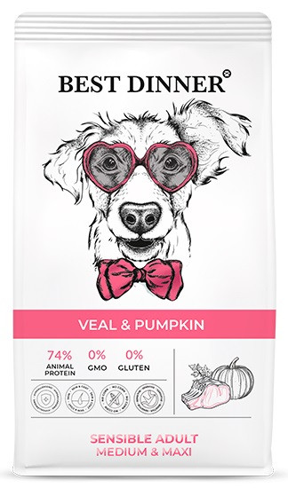 Best Dinner Adult Sensible Medium&Maxi Veal & Pumpkin для собак средних и крупных пород с телятиной и тыквой 12 кг