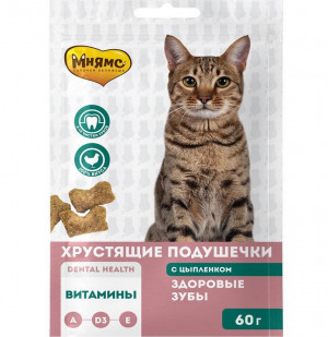 Лакомство Мнямс "Здоровые зубы" хрустящие подушечки для кошек с цыпленком 60 г