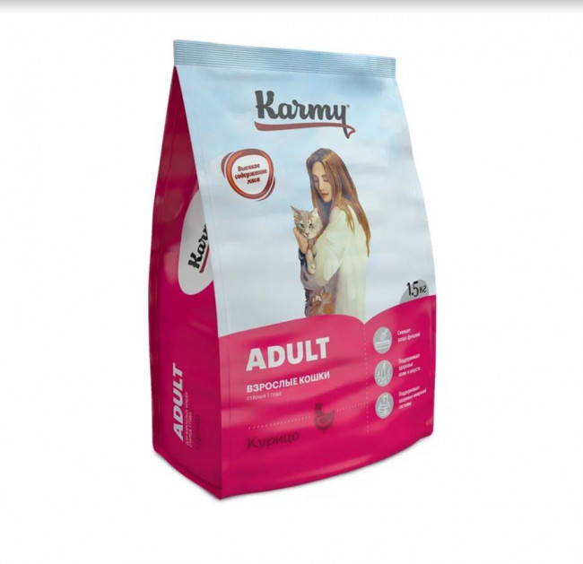 Сухой корм для взрослых кошек KARMY Adult Курица  -  1,5кг + Стикер "Акция 500г бесплатно"
