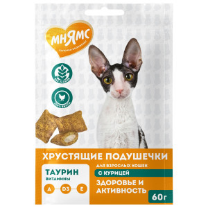 Лакомство Мнямс "Здоровье и активность" хрустящие подушечки для кошек с курицей 60 г