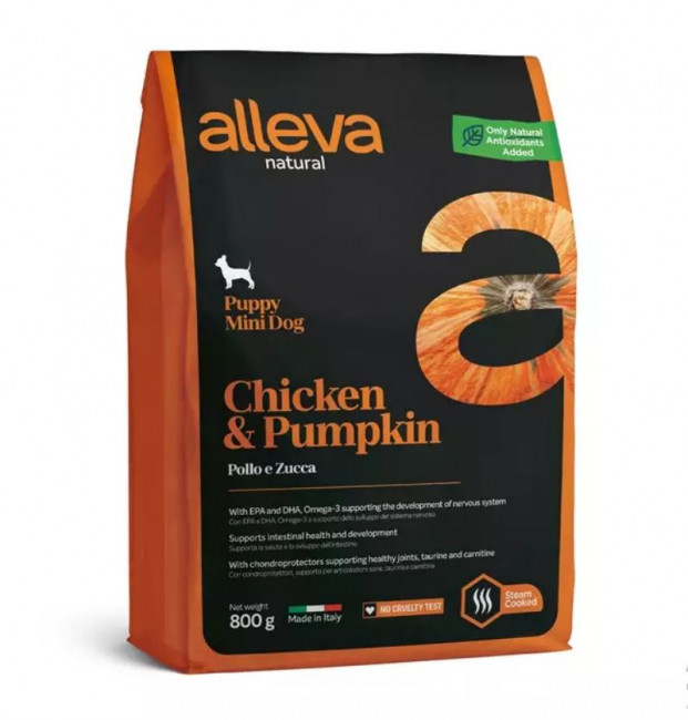 Низкозерновой сухой корм Alleva Natural Puppy Chicken And Pumpkin Mini для щенков мелких пород, беременных и кормящих собак, 0,8 кг