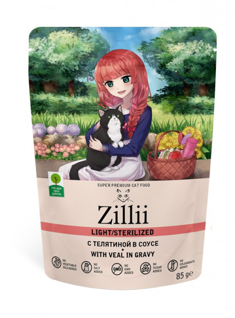 ZILLII Sterillized Cat пауч для взрослых стерилизованных кошек Телятина в соусе 85 гр полнорационный консервированный корм