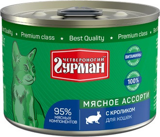 Четвероногий гурман Корм консервированный для кошек "Мясное ассорти с кроликом", 190 г