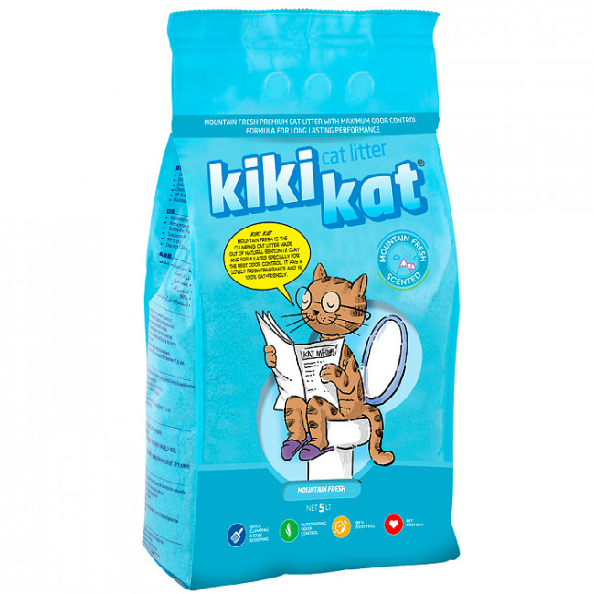Бентонитовый наполнитель для кошачьего туалета "KikiKat" супер-белый комкующийся с ароматом "Горная свежесть" - 5 л