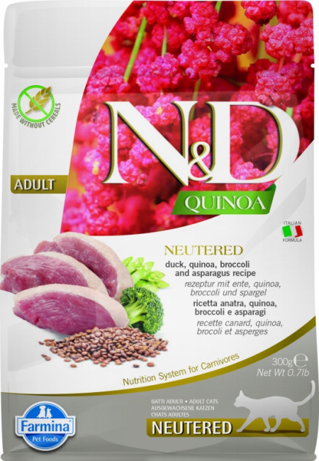 FARMINA CAT N&D GRAIN FREE QUINOA NEUTERED DUCK, BROCOLLI & ASPARAGUS беззерновой для взрослых стерилизованных кошек с уткой, брокколи, спаржей и киноа - 0,3 кг