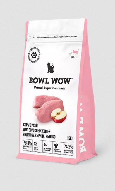 BOWL WOW Сухой корм для для кошек с индейкой, курицей и яблоком 1,5кг