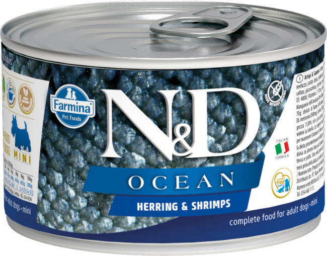 Консервы FARMINA ND DOG OCEAN HERRING/SHRIMP MINI для взрослых собак малых пород с сельдью и креветками, 140 гр