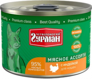 Четвероногий гурман Корм консервированный для кошек "Мясное ассорти с индейкой", 190 г