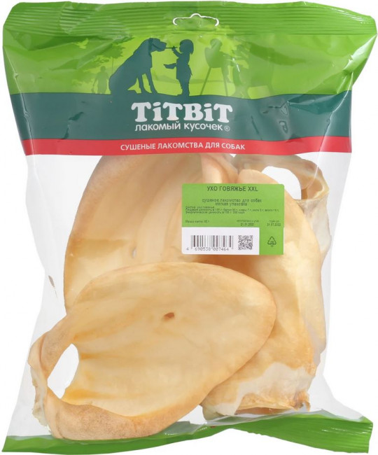TITBIT Лакомство для собак Ухо говяжье  XXL, мягкая упаковка, 80 г