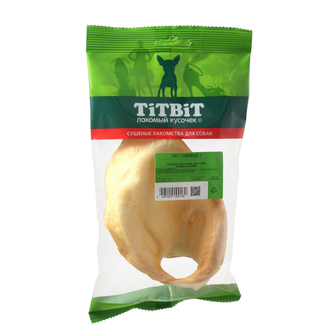 TiTBiT Лакомство для собак Ухо говяжье 1 шт, мягкая упаковка, 31 г