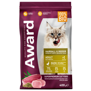 Сухой корм AWARD Hairball & Indoor для взрослых кошек для выведения шерсти с уткой и индейкой с добавлением зеленой чечевицы и Юкки Шидигера, 10 кг