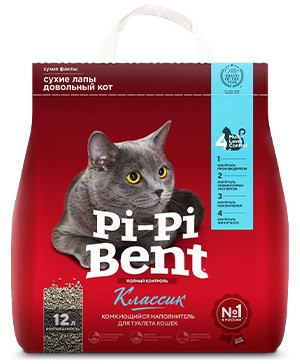 Наполнитель для кошачьего туалета Pi-Pi-Bent Классик, глиняный, комкующийся, без отдушки, 5кг (12л)