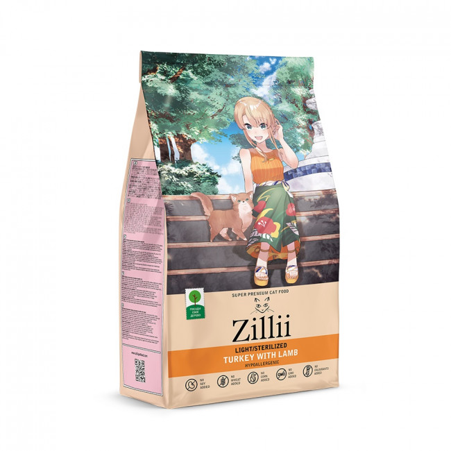 ZILLII Light/Sterilized сухой корм для взрослых кошек с лишним весом и стерилизованных Индейка с ягнёнком 400 гр