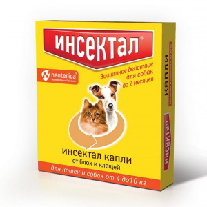Инсектал капли для кошек и собак от блох и клещей 4-10кг, 1 пипетка
